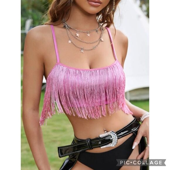 Western Barbiecore Pink Fringe Cropped Spaghetti Strap Top - Picture 1 of 5